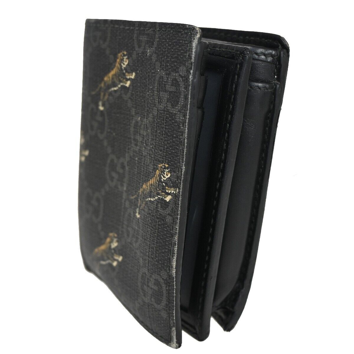 GUCCI Logo GG Pattern Tiger Bifold Wallet Purse Supreme Leather Black 09YD729