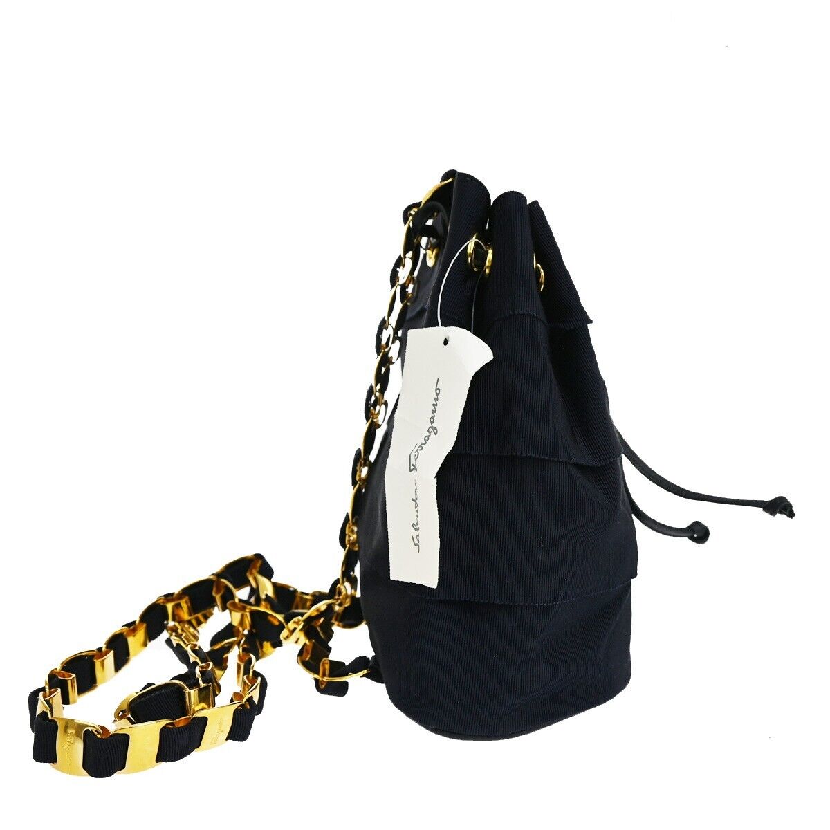 SALVATORE FERRAGAMO Vara Chain Backpack Bag Canvas Leather Navy Blue GHW 68YD430