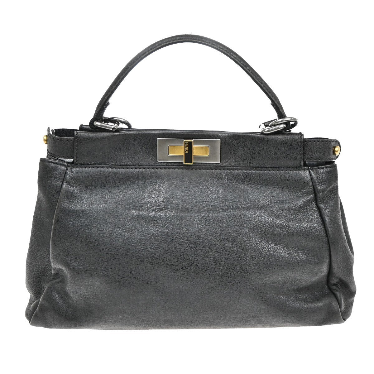 FENDI Logo Peekaboo 2Way Shoulder Hand Bag Leather Black Italy 85EE301
