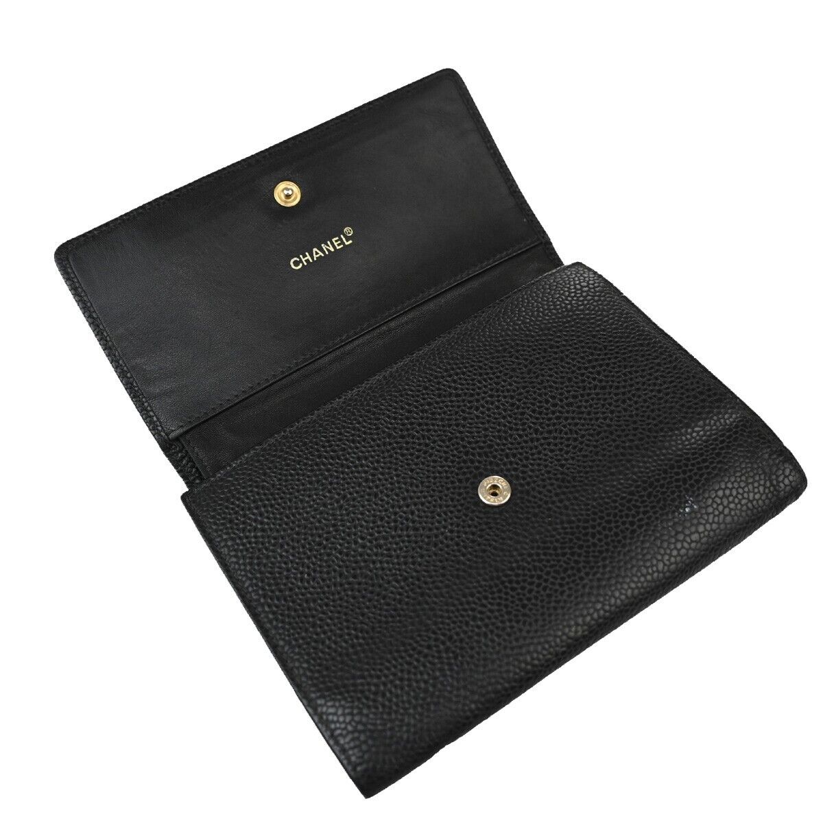 CHANEL CC Logo Trifold Wallet Purse Caviar Skin Leather Black GHW 02EA898
