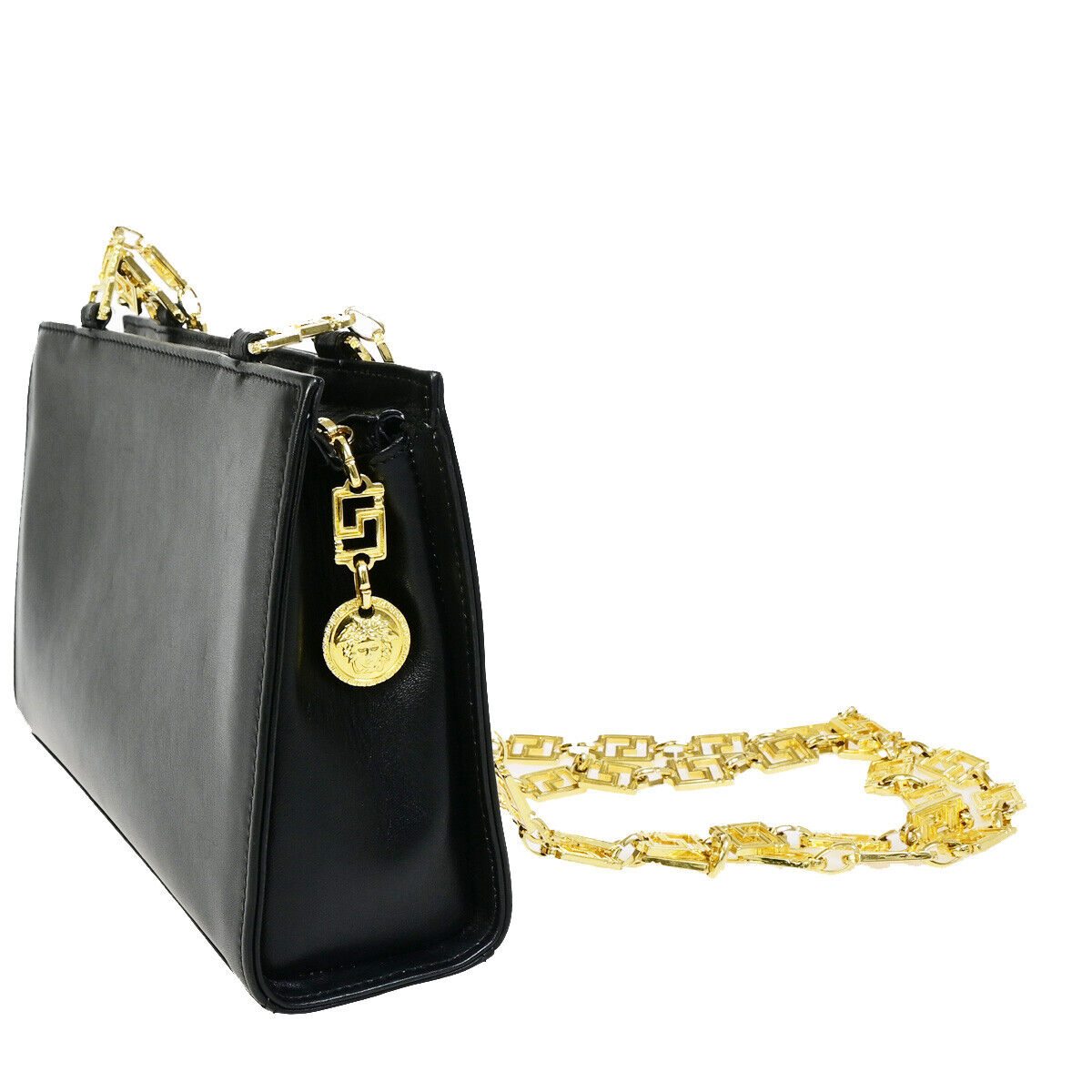 GIANNI VERSACE Logo Medusa Chain Shoulder Bag Leather Black GHW 72YG342
