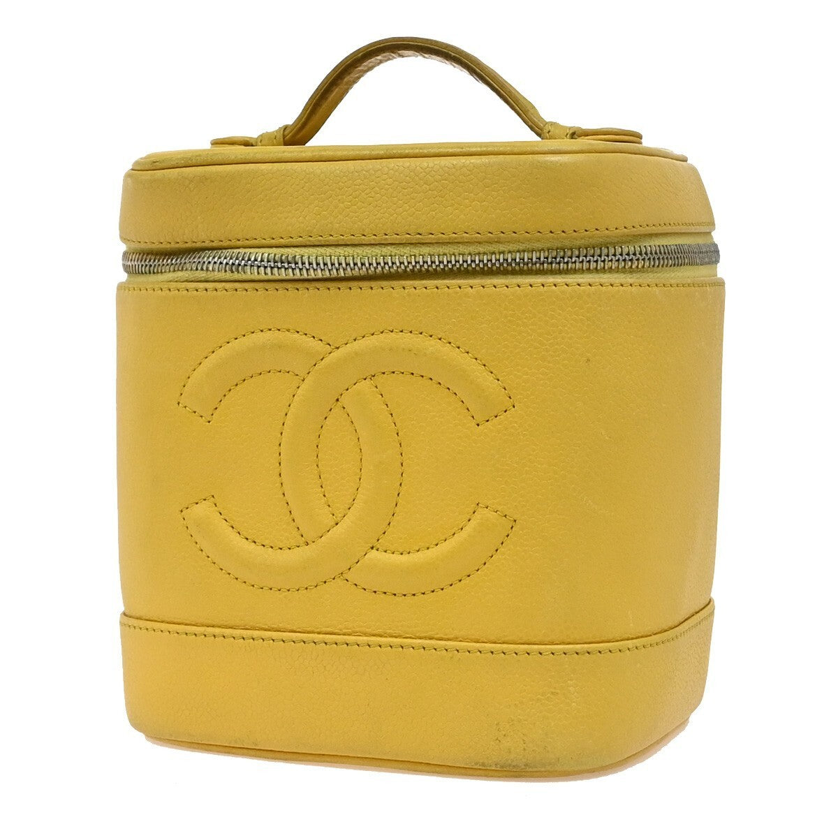 CHANEL Vanity Cosmetic Hand Bag Grained Calfskin Leather Yellow Vintage 93RF437