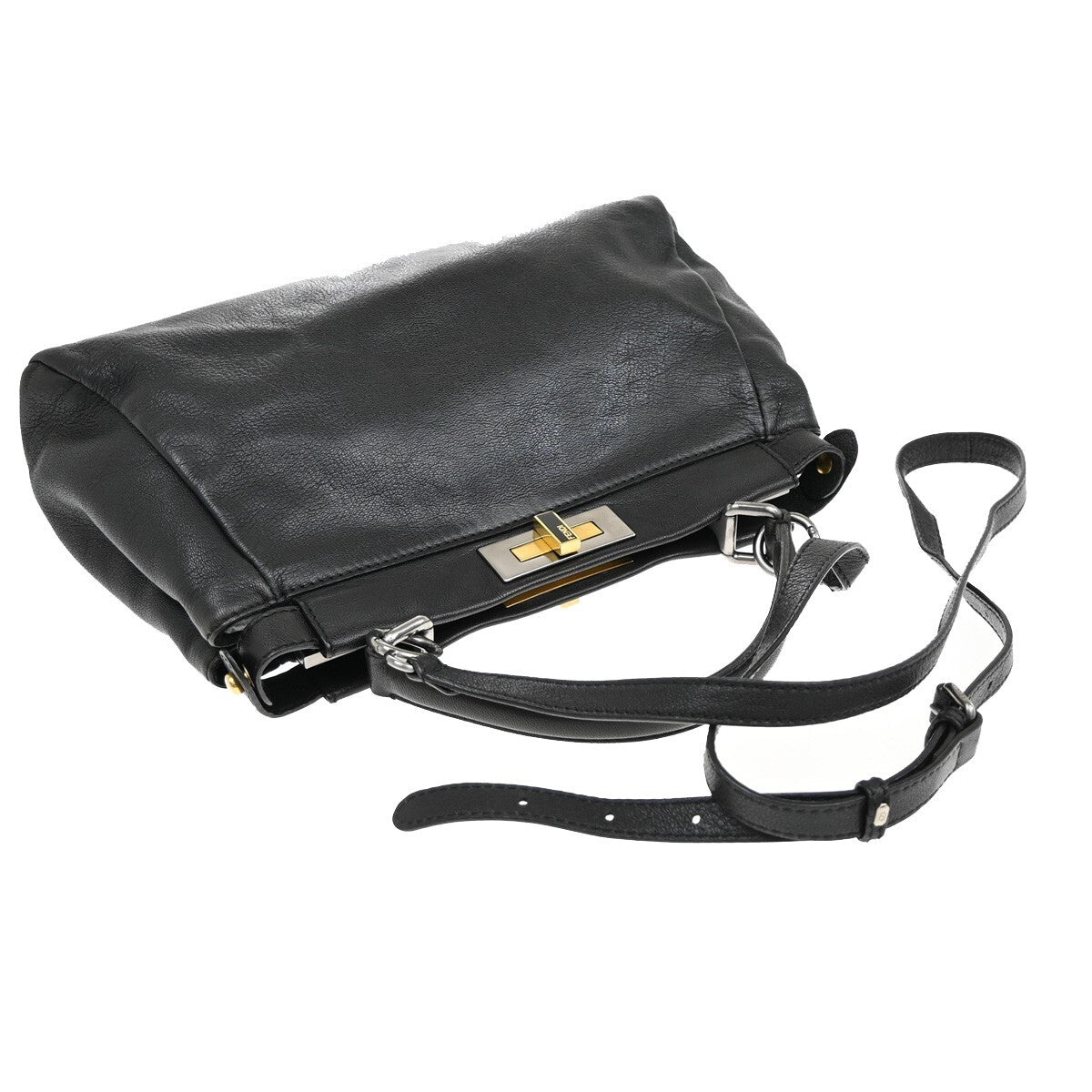FENDI Logo Peekaboo 2Way Shoulder Hand Bag Leather Black Italy 85EE301
