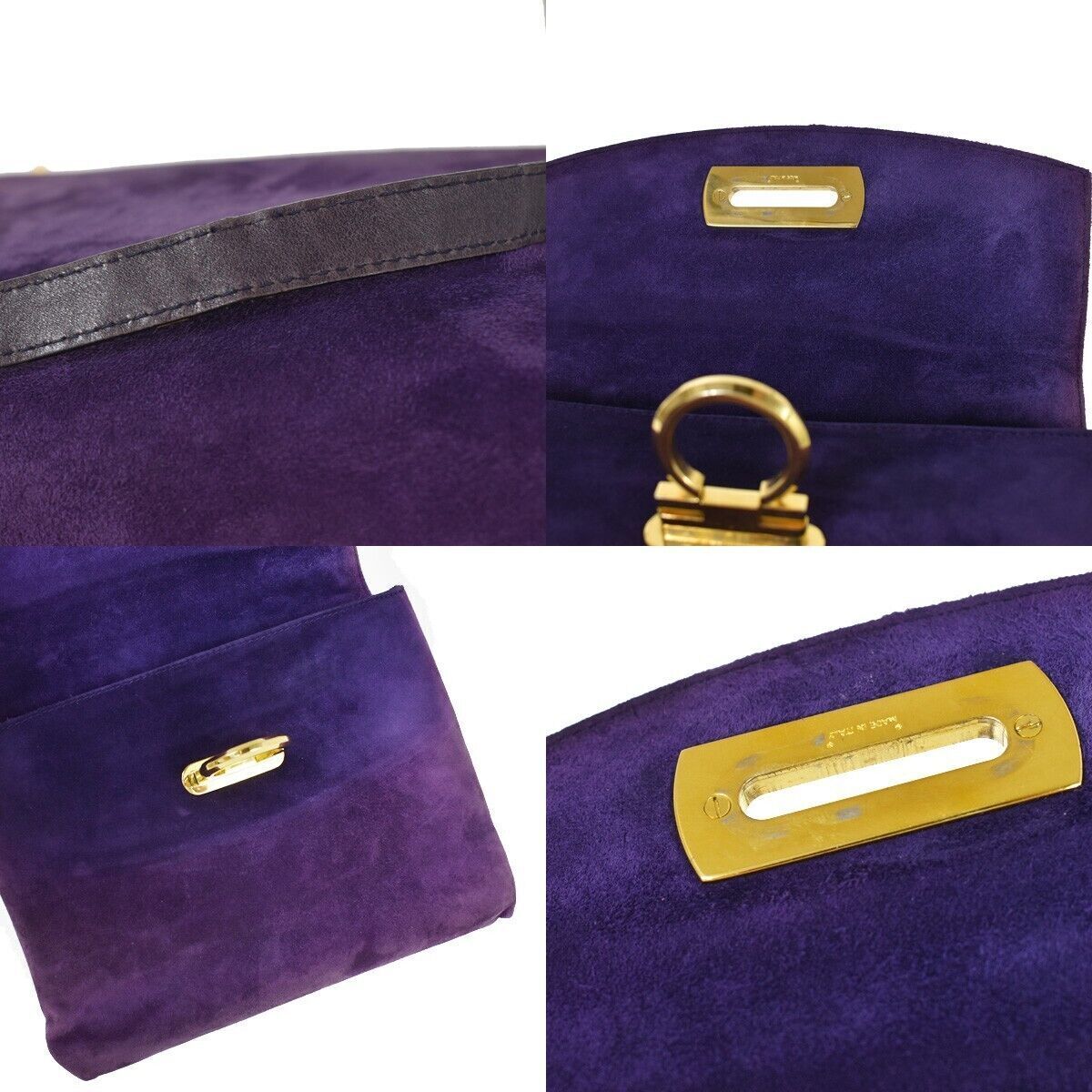 SALVATORE FERRAGAMO Gancini Shoulder Bag Suede Leather Purple Gold Italy 66YC022