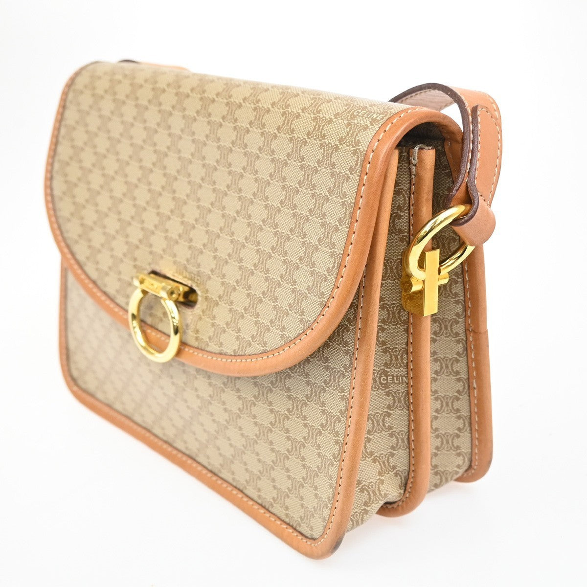 CELINE Logo Macadam Pattern Shoulder Bag PVC Leather Beige Italy 83MA283