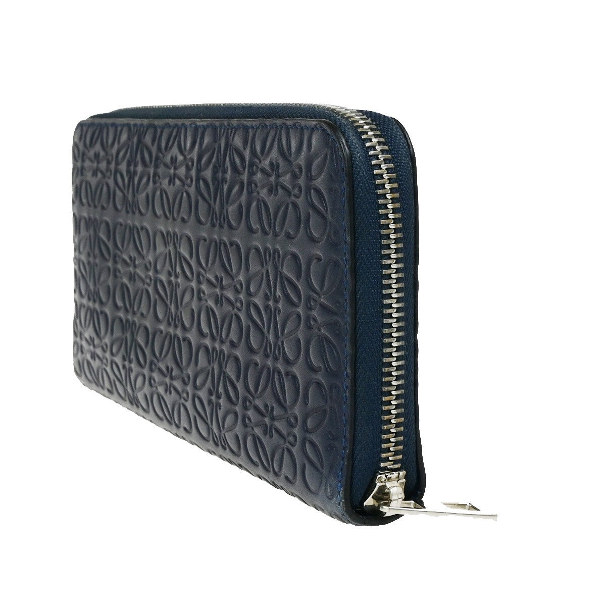 LOEWE Logo Anagram Repeat Long Zipper Wallet Embossing Leather Navy Blue 67KB395