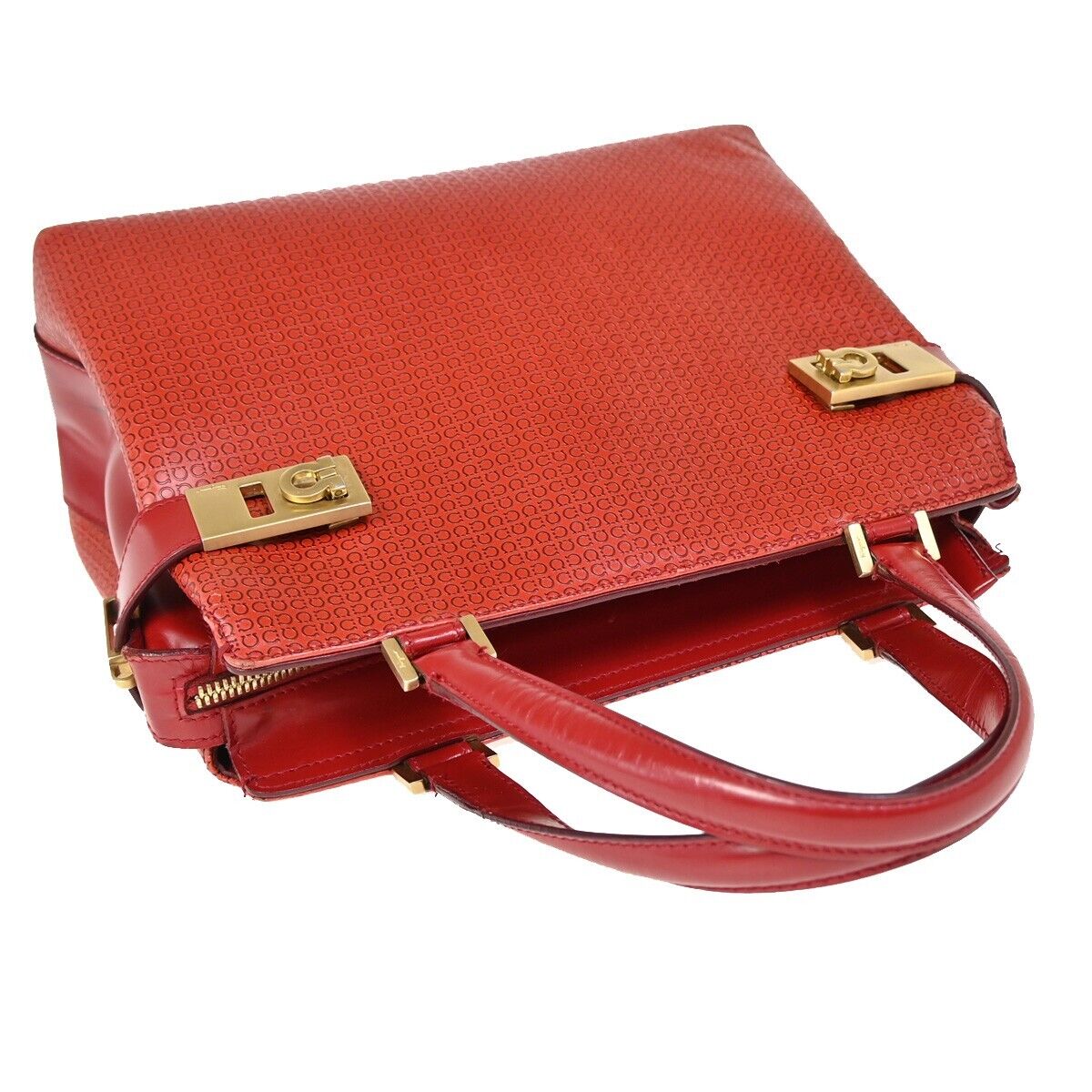 SALVATORE FERRAGAMO Logo Gancini Hand Bag Leather Red Gold Italy  66SH719