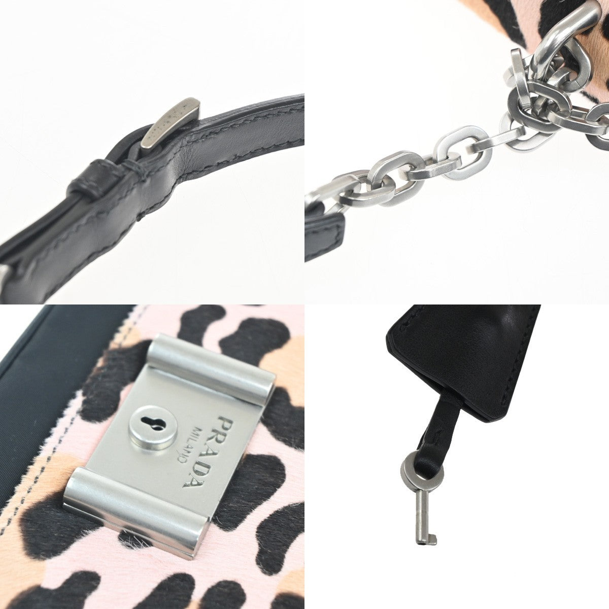 52.Live PRADA MILANO Leopard Chain Shoulder Bag Hair on Leather Nylon 99KC004