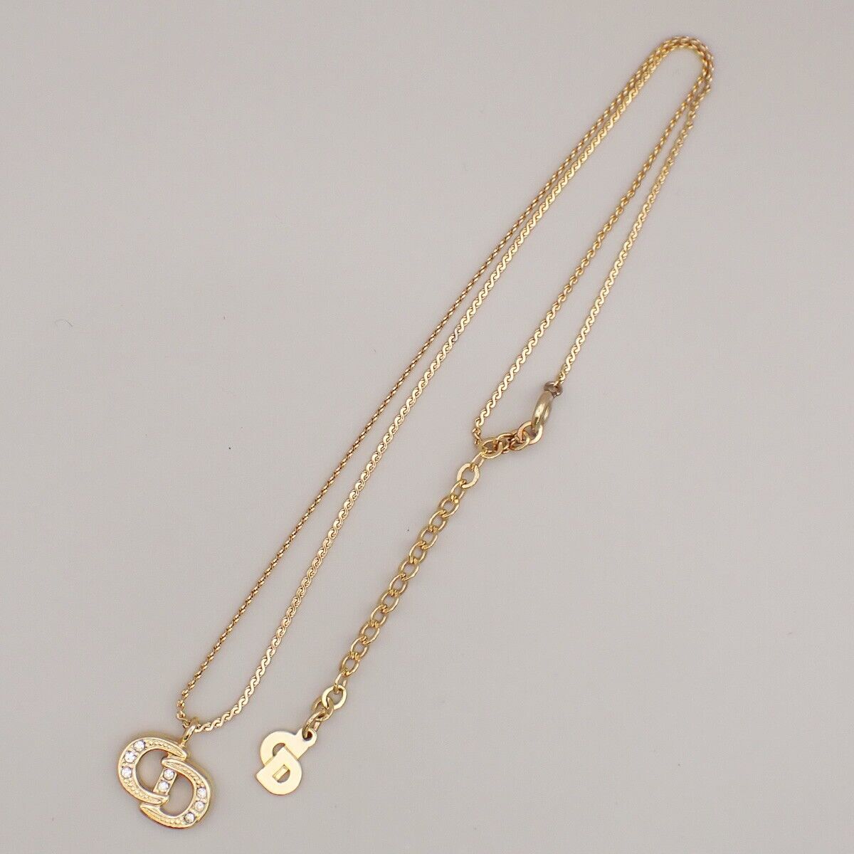 CHRISTIAN DIOR CD Logo Rhinestone Pendant Necklace Gold 02ED444