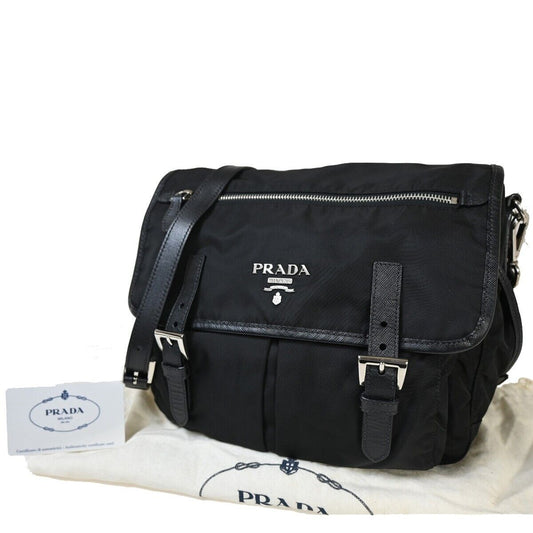 PRADA MILANO Logo Tessuto Saffiano Shoulder Bag Nylon Leather Black Nero 74YE308