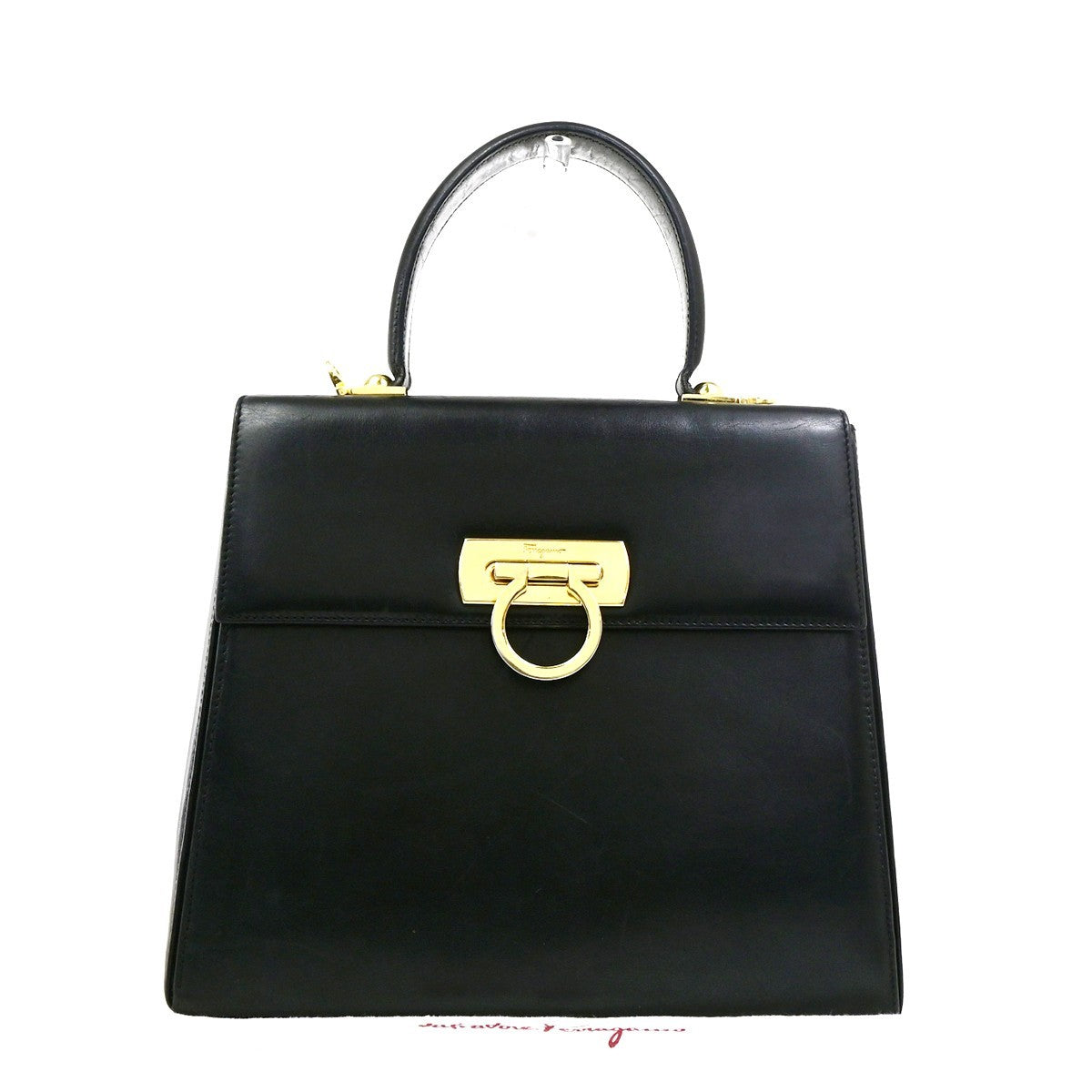 SALVATORE FERRAGAMO Logo Gancini Hand Bag Leather Black GHW Italy 38KD151