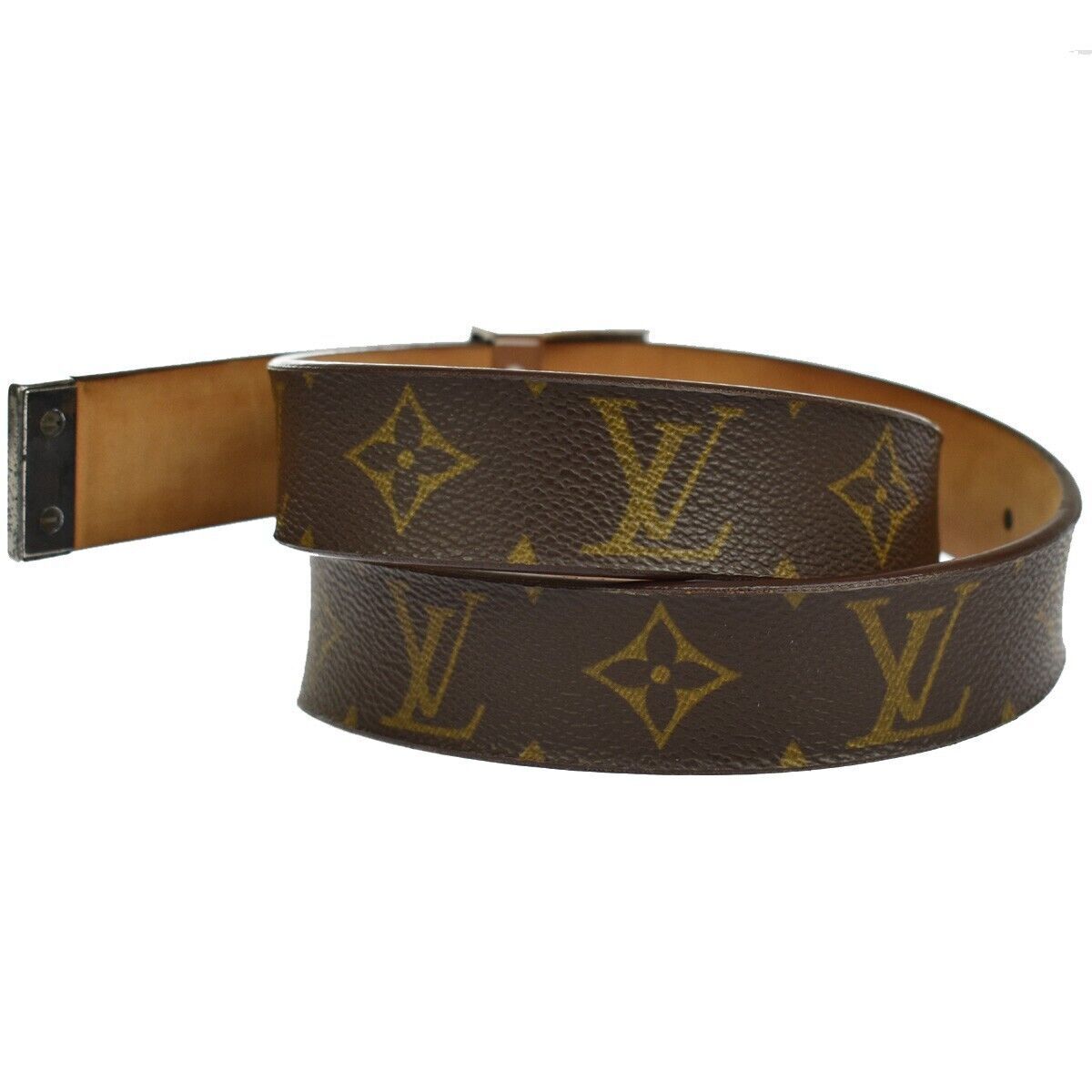 LOUIS VUITTON Ceinture Carre Belt Monogram Leather Brown Silver Spain 63YC264