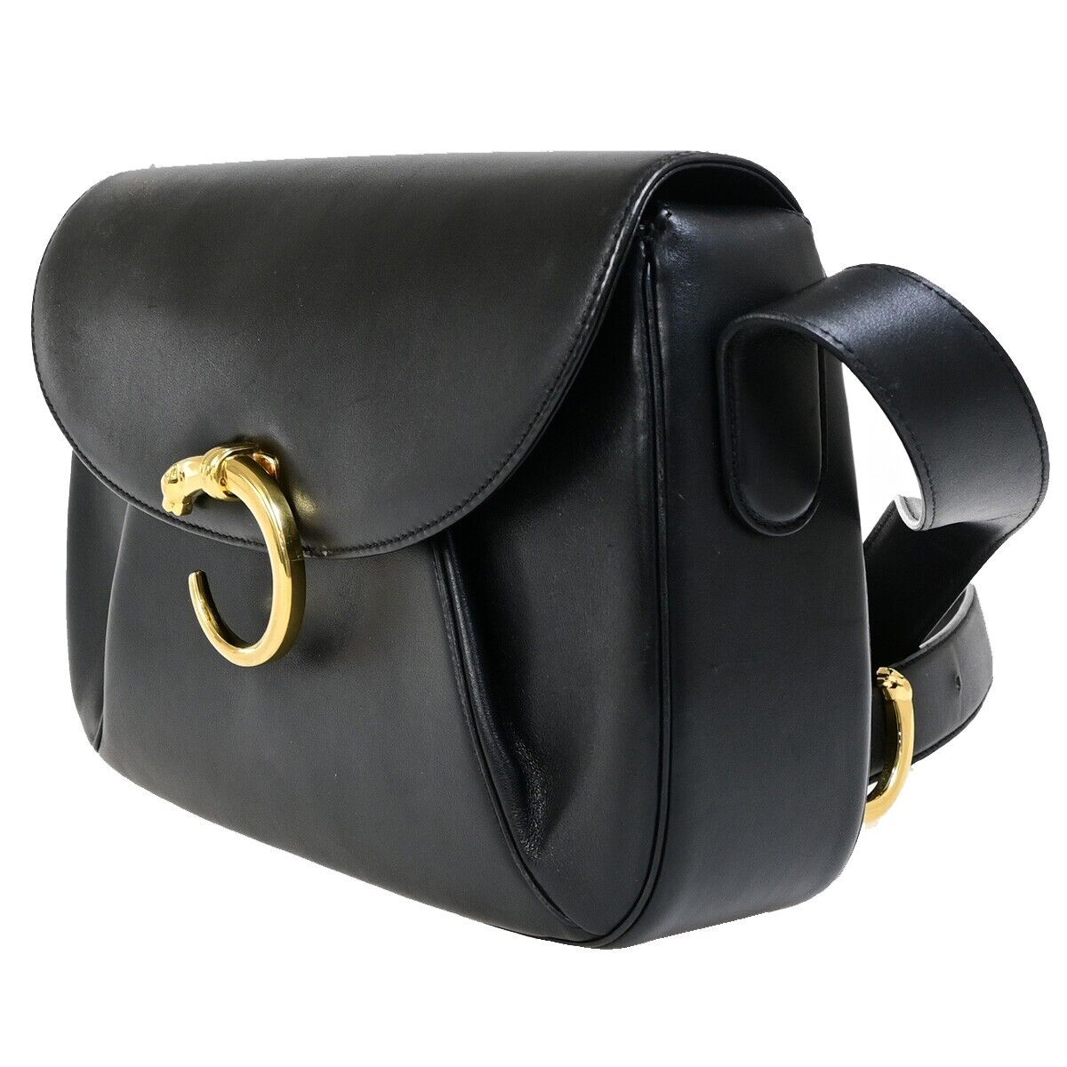 CARTIER Logo Panther Shoulder Bag Leather Black GHW Made in Italy 77EC368