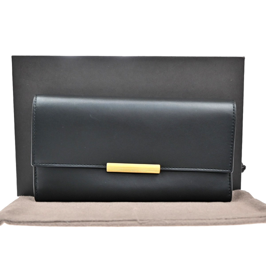 BOTTEGA VENETA Logo Long Trifold Wallet Leather Black GHW Italy 05KB168