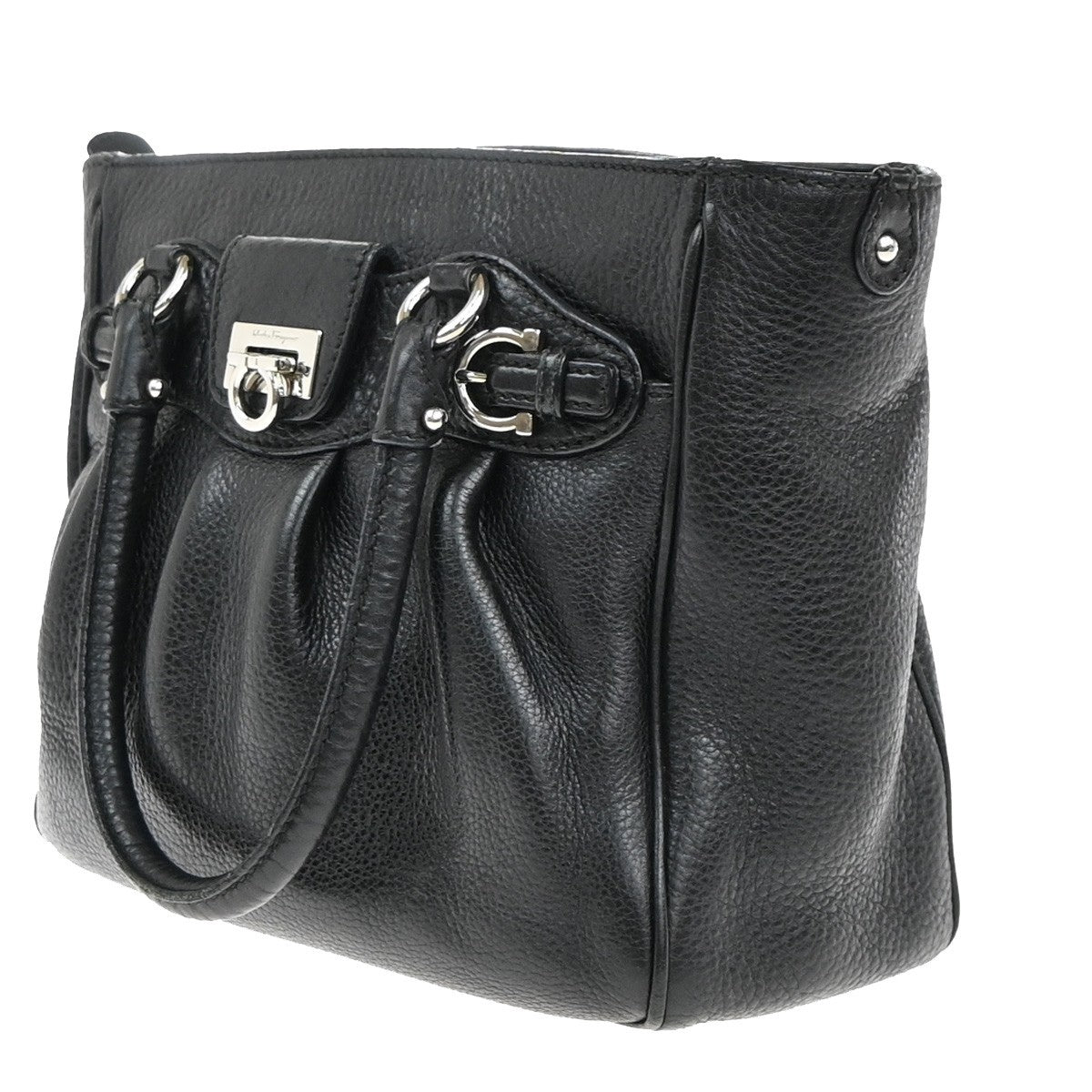 SALVATORE FERRAGAMO Logo Gancini Hand Bag Leather Black SHW Italy 36EG392