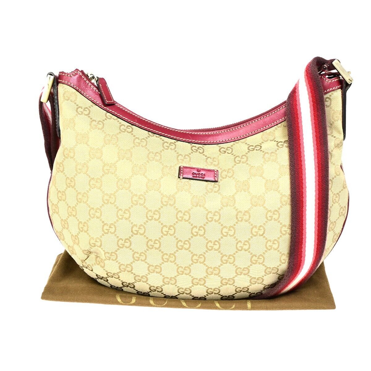 GUCCI Logo GG Pattern Shoulder Bag Canvas Leather Brown Red Italy 76EB787