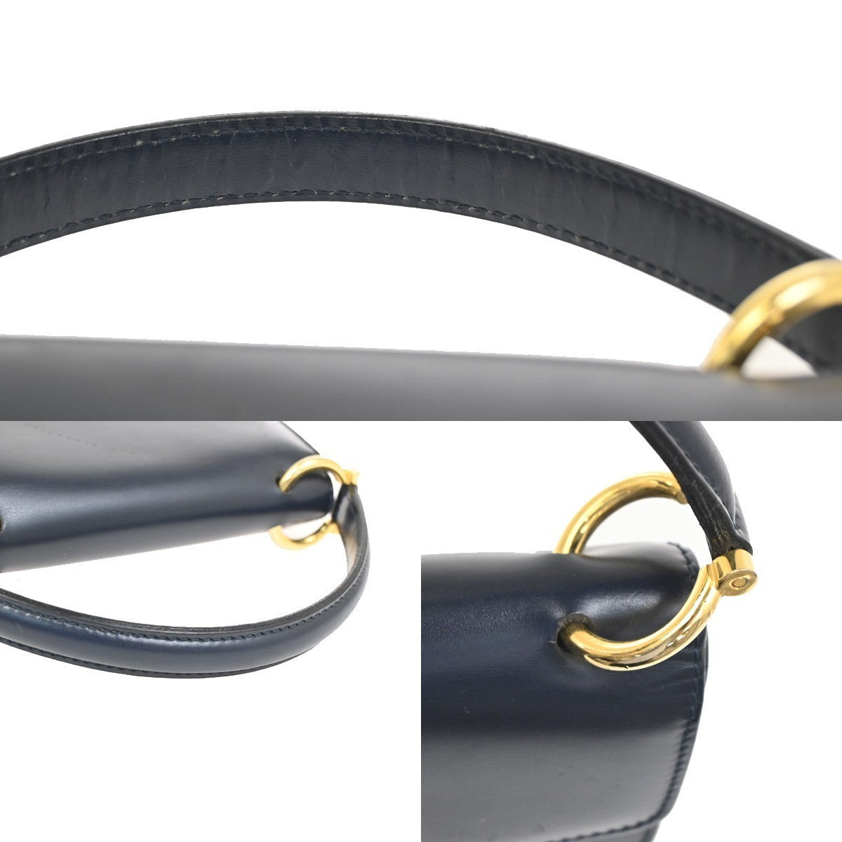 CELINE Logo Gancini Top Handle Hand Bag Leather Navy Blue Gold Italy 38TA361