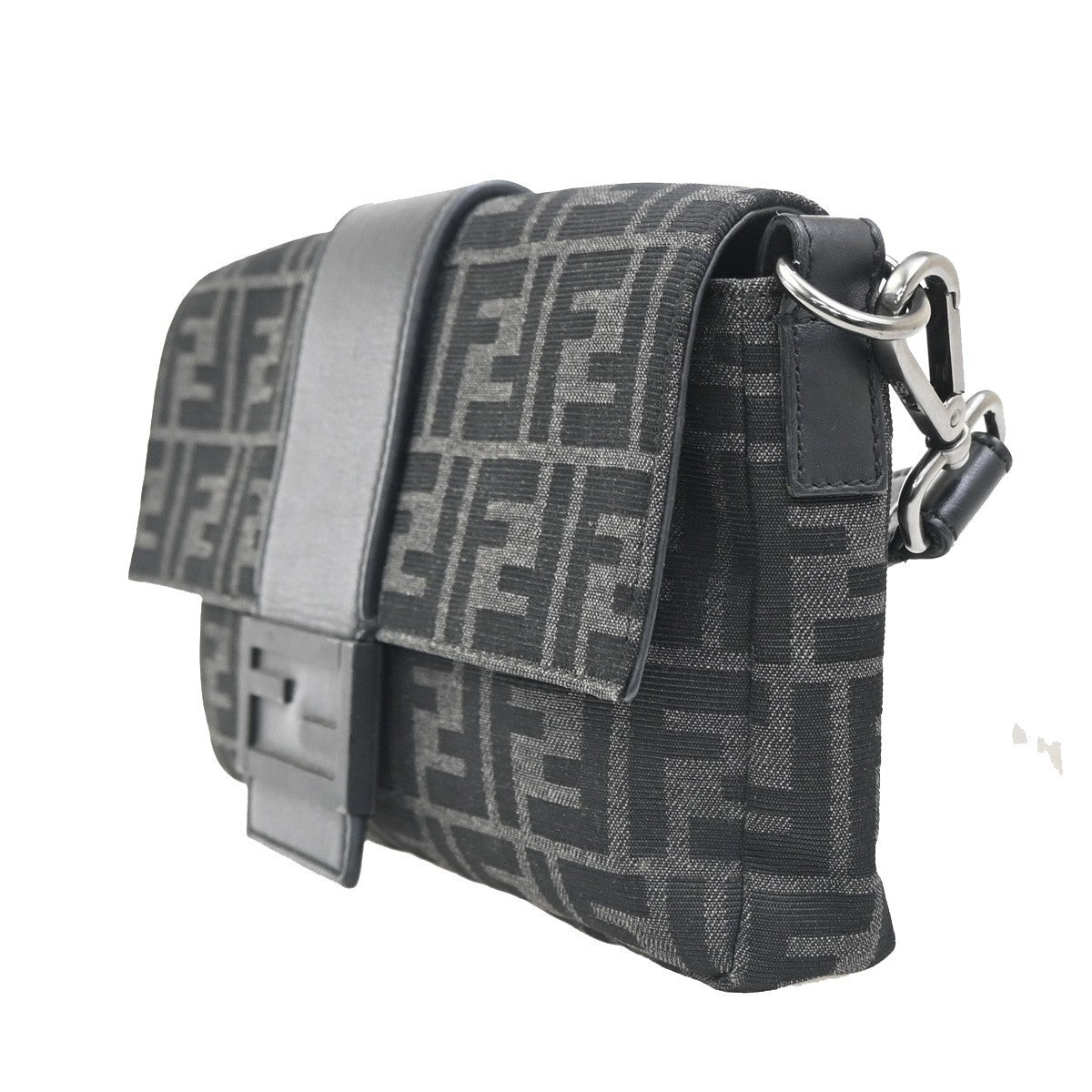 FENDI Mamma Baguette Shoulder Bum Bag Jacquard Leather Black SHW Italy 49RL755