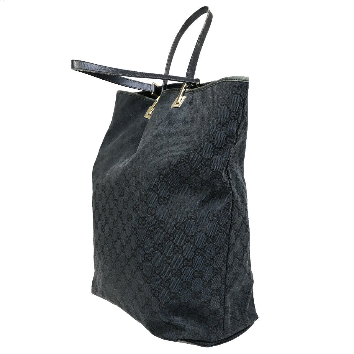 GUCCI Logo GG Pattern Shoulder Tote Bag Canvas Leather Black GHW Italy 02YF024