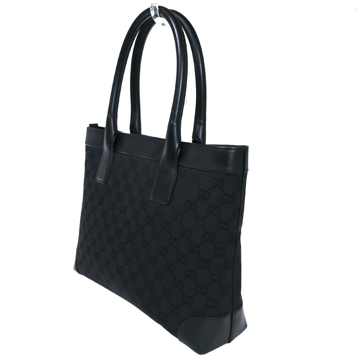 GUCCI Logo GG Pattern Shoulder Tote Bag Canvas Leather Black Silver 38SH187