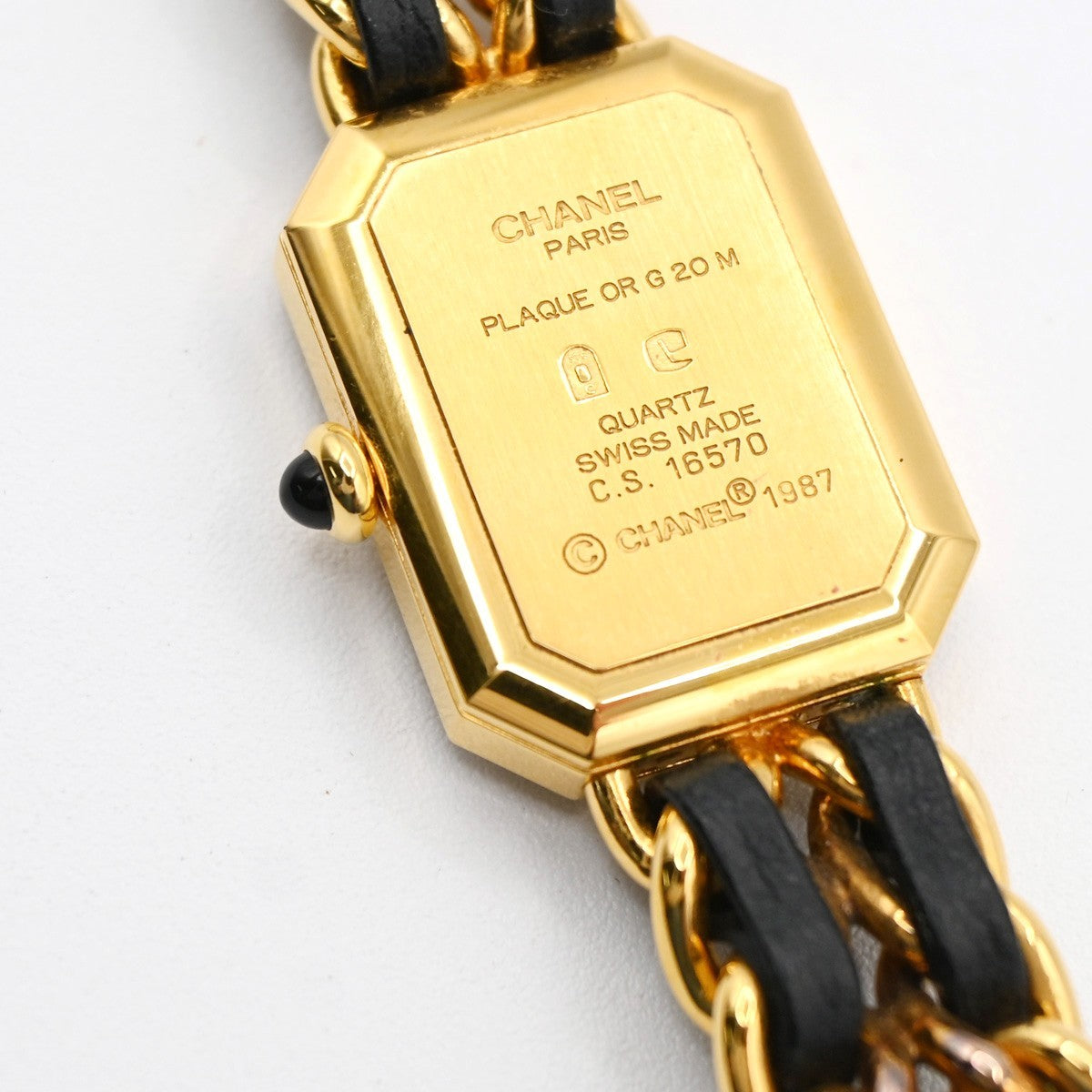 CHANEL Logo Premiere Watch M Size Quartz Gold Plated Leather Swiss Made 620LC637