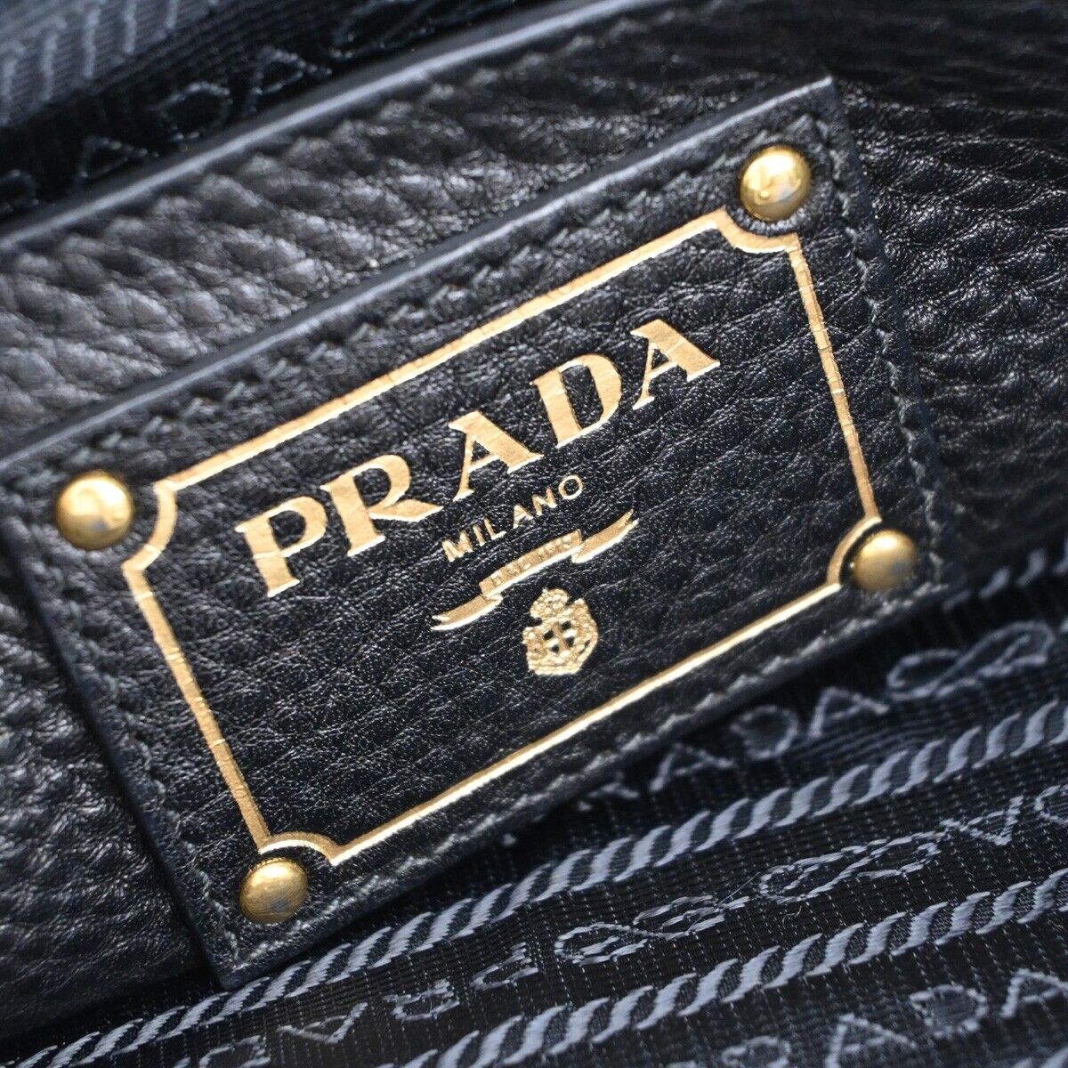 PRADA Logo Shoulder Tote Bag Leather Black Gold Made in Italy 93EA812