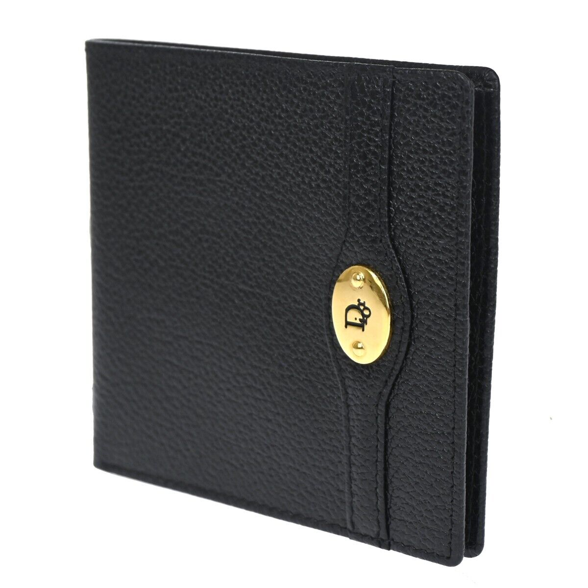 CHRISTIAN DIOR Logo Bifold Wallet Purse Leather Black Gold-Plated Spain 02EA091