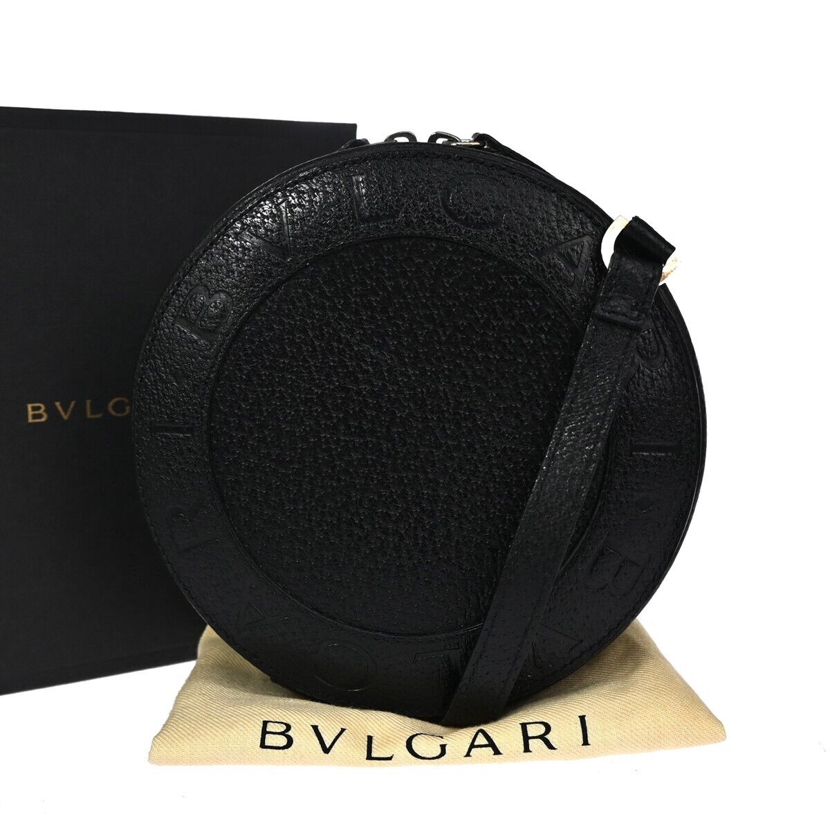 BVLGARI Logo Yoyo Round Crossbody Shoulder Bag Leather Black SHW Italy 80GA870