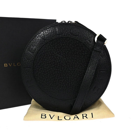 BVLGARI Logo Yoyo Round Crossbody Shoulder Bag Leather Black SHW Italy 80GA870