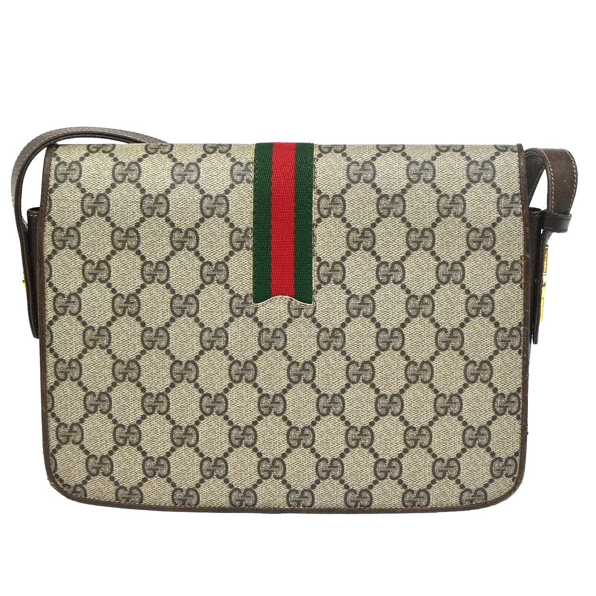 GUCCI Logo GG Pattern Sherry Flap Shoulder Bag PVC Leather Brown GHW 67KC907