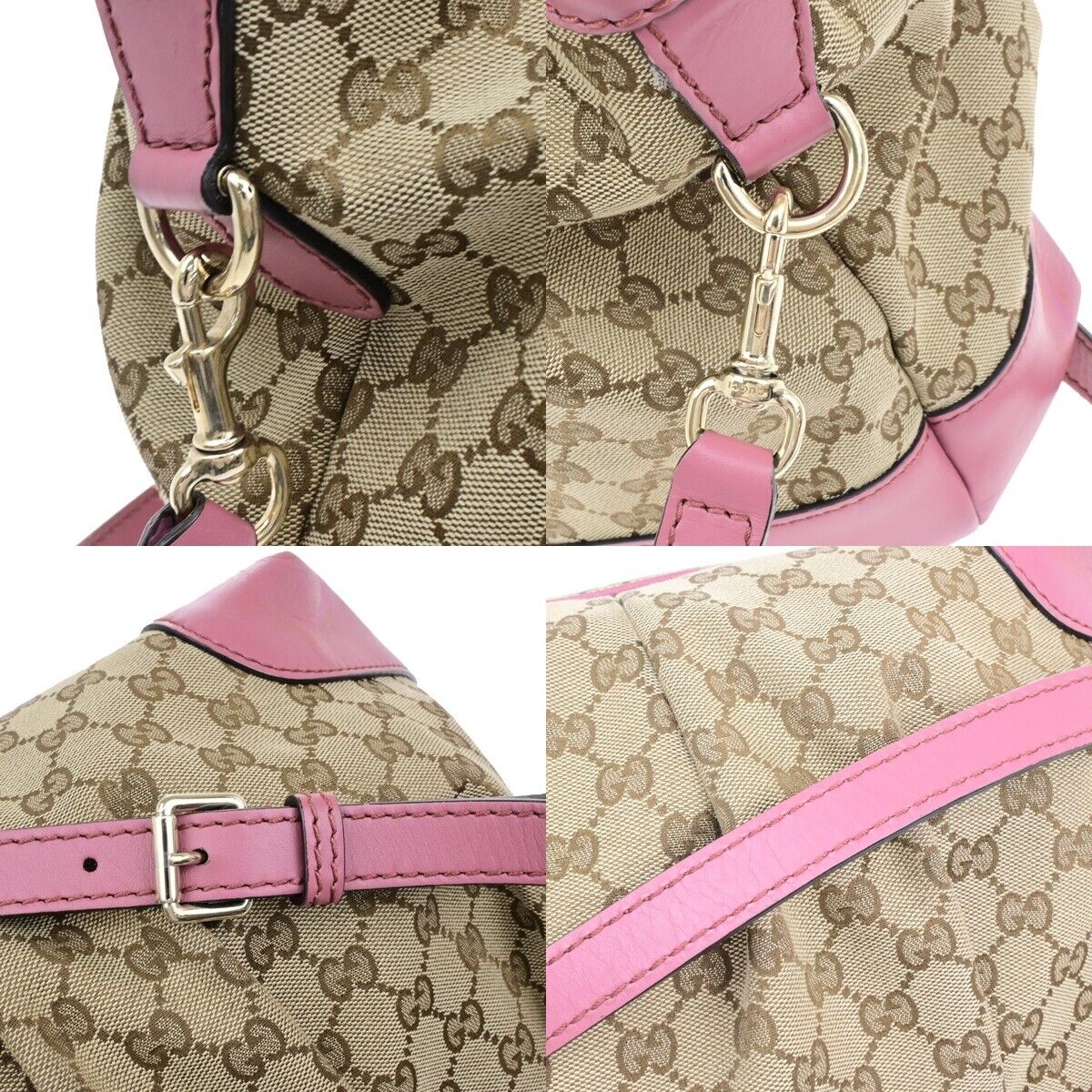 GUCCI Logo GG Pattern Shoulder Bag Canvas Leather Pink Brown GHW 32ED950