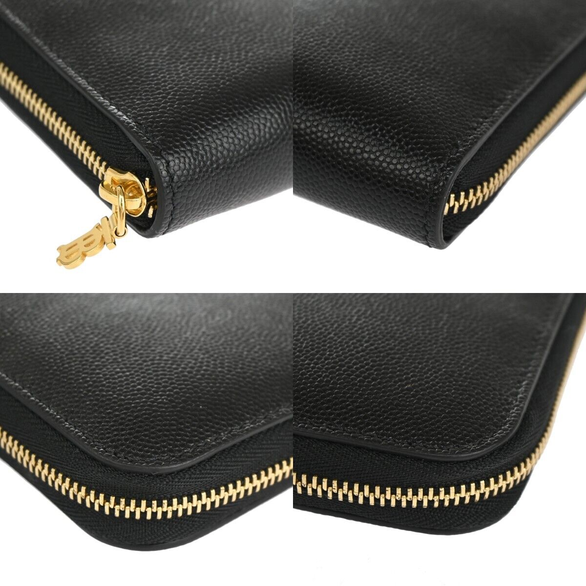 BURBERRY Logo  Zipper Long Wallet Purse Leather Black Gold Italy 31KA118