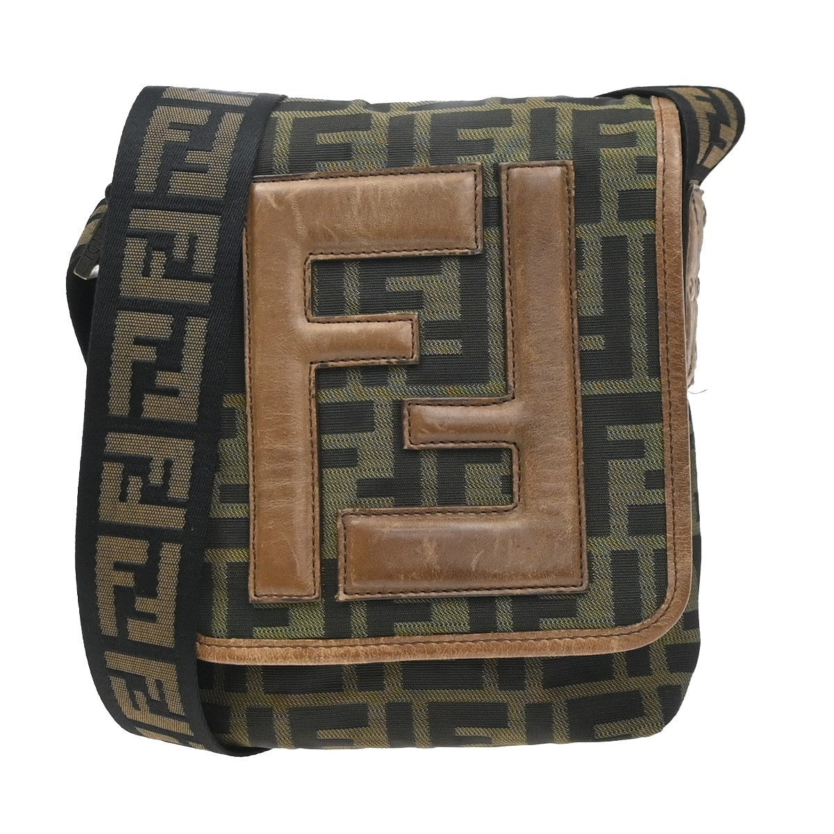 FENDI FF Logo Zucca Pattern Shoulder Bag Canvas Leather Khaki GHW Italy 71MA559