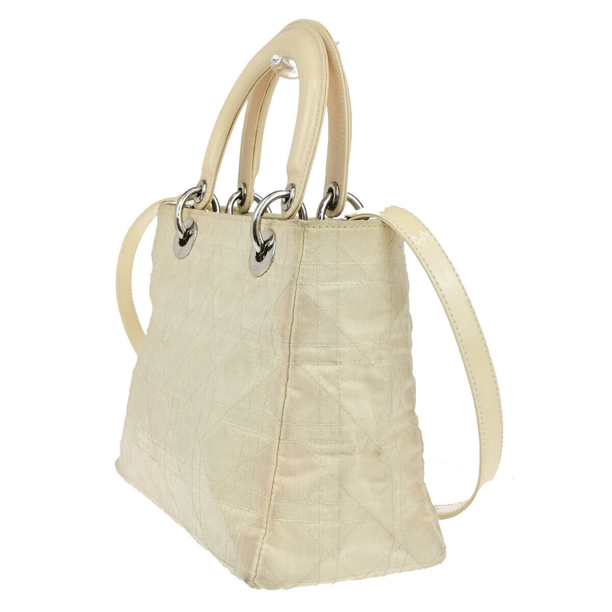 CHRISTIAN DIOR Lady Cannage 2Way Hand Bag Nylon Patent Leather Ivory SHW 81YG576