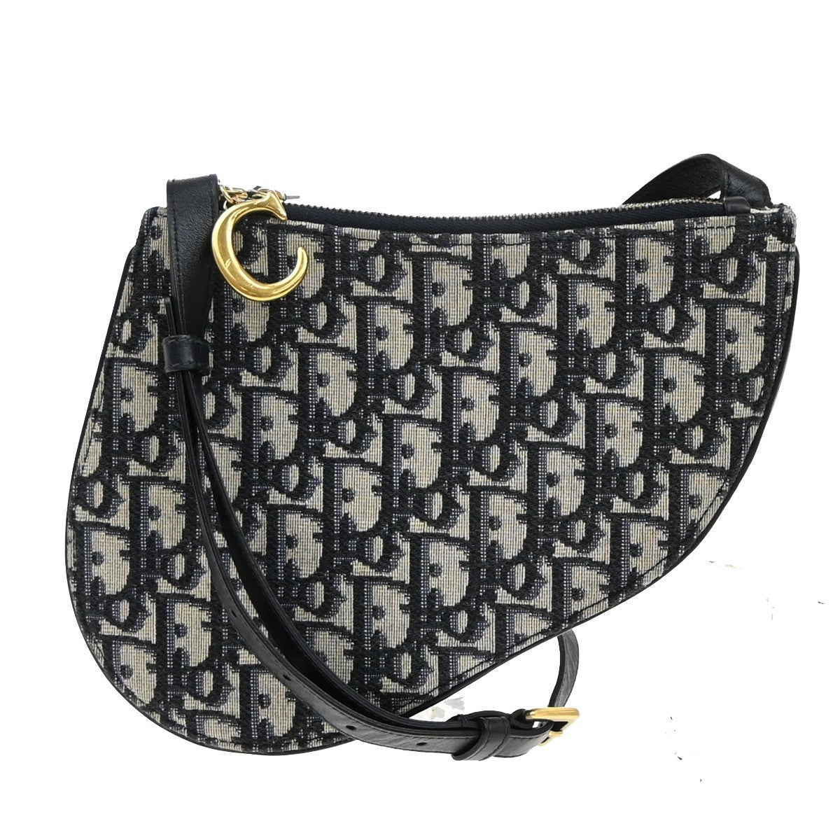 CHRISTIAN DIOR Trotter Saddle Shoulder Bag Canvas Leather Navy Blue 663RF899