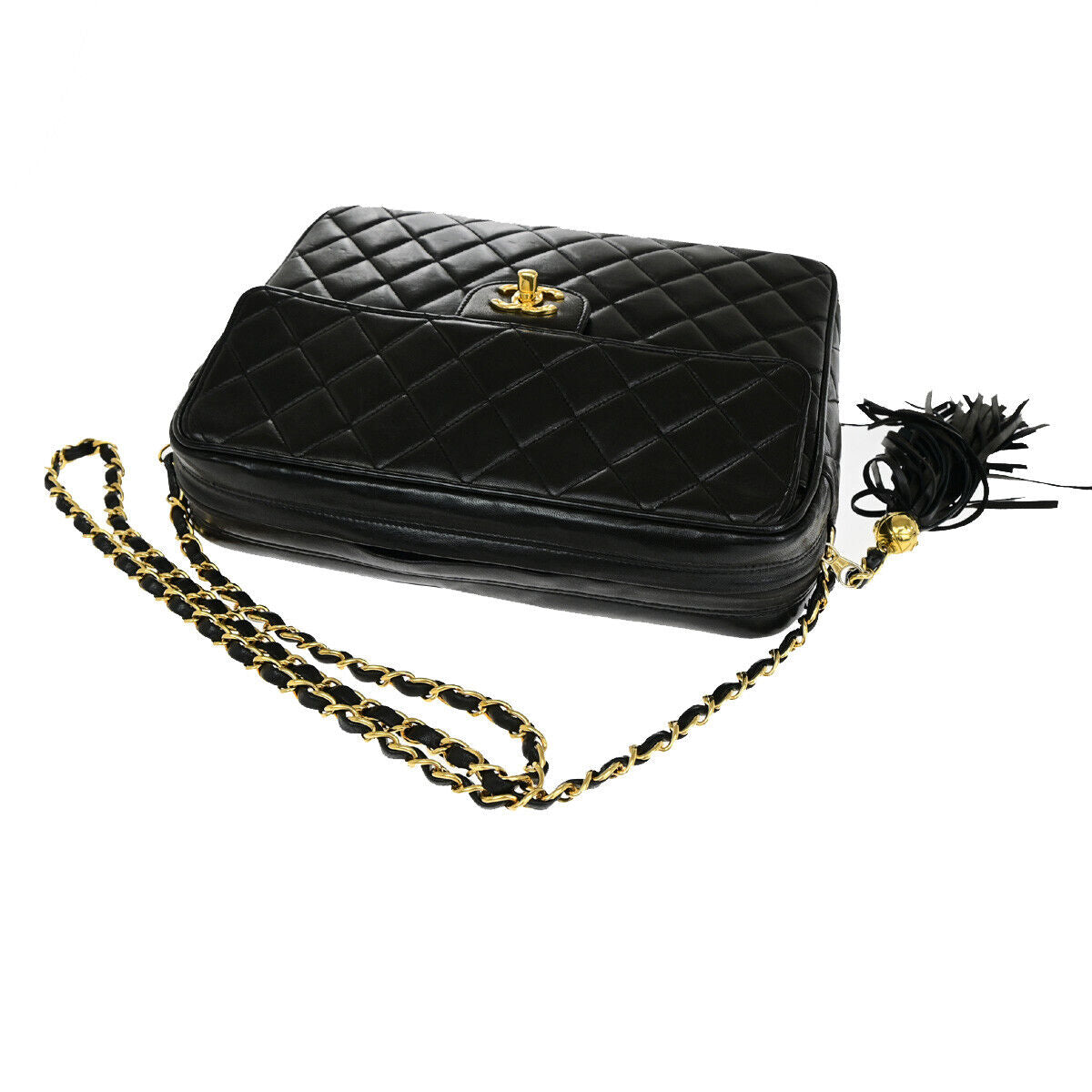 CHANEL CC Matelasse Tassel Chain Shoulder Bag Leather GHW BK Vintage 328RJ942