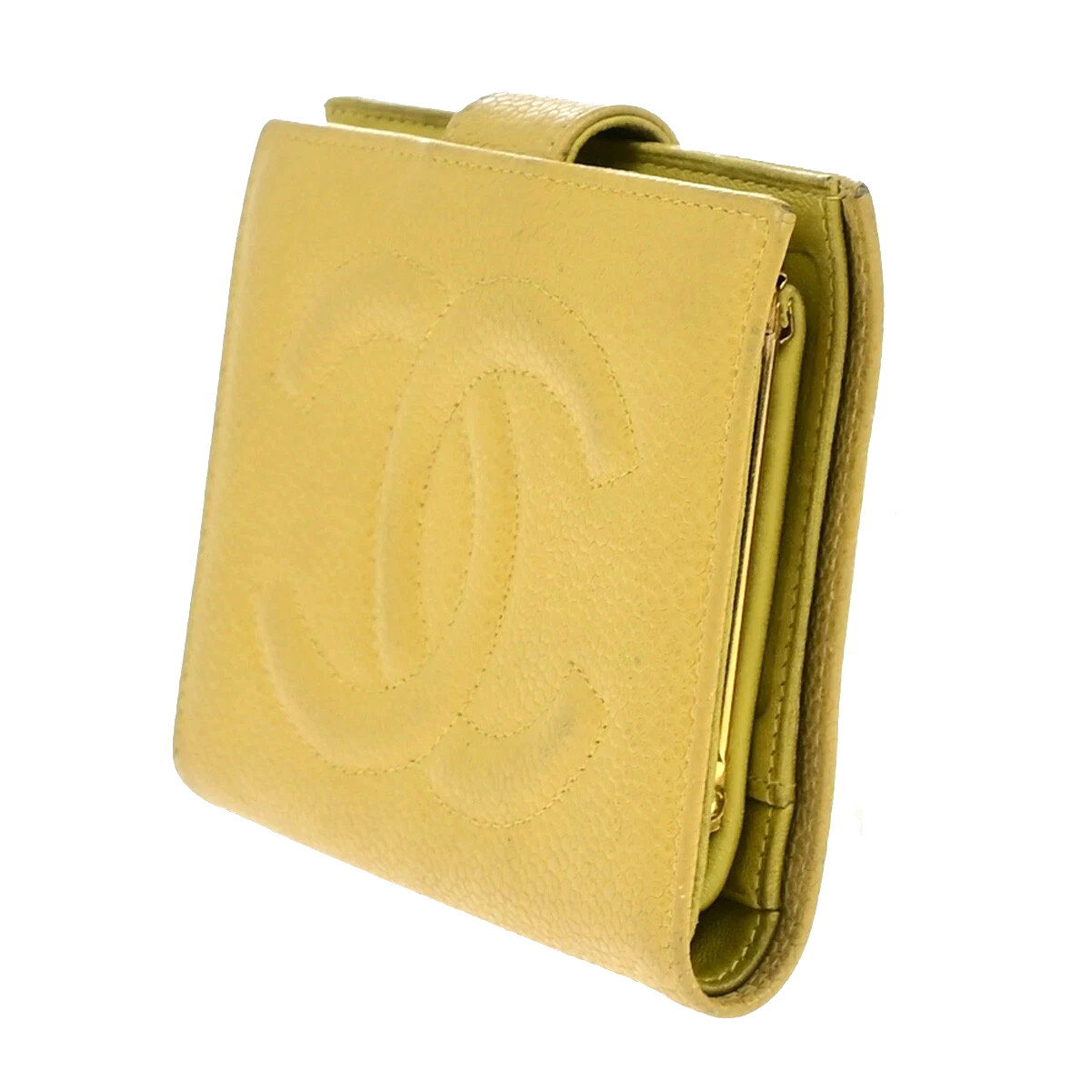 CHANEL CC Bifold Compact Wallet Grained Calfskin Leather Yellow Vintage 66KB511