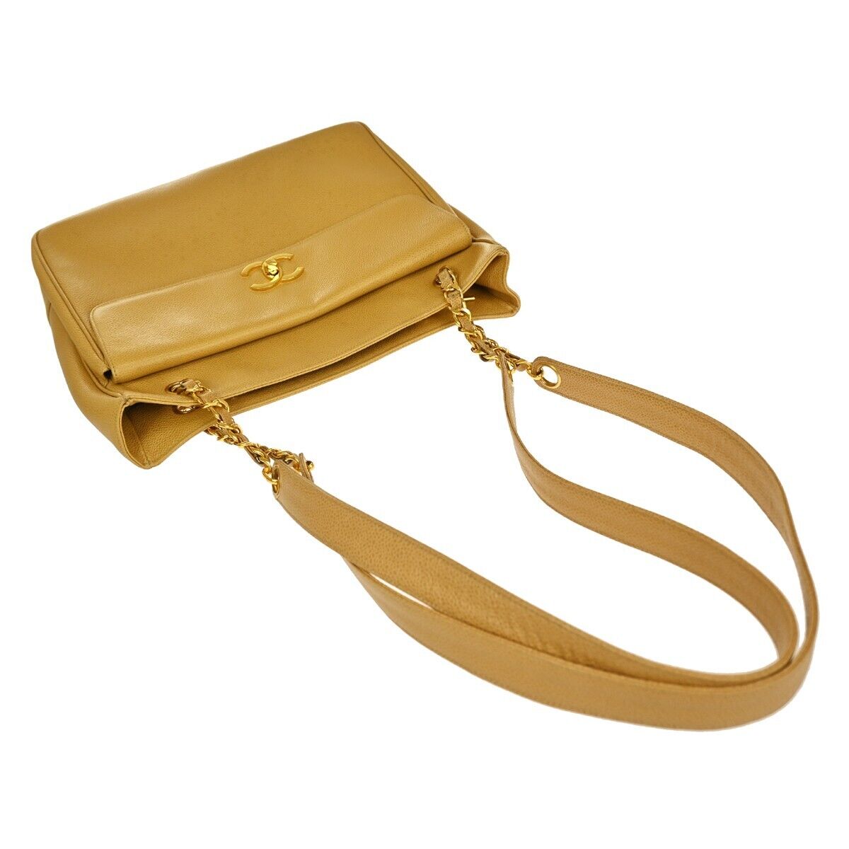 CHANEL CC Logo Chain Shoulder Bag Caviar Skin Leather Beige GHW Vintage 330RH771