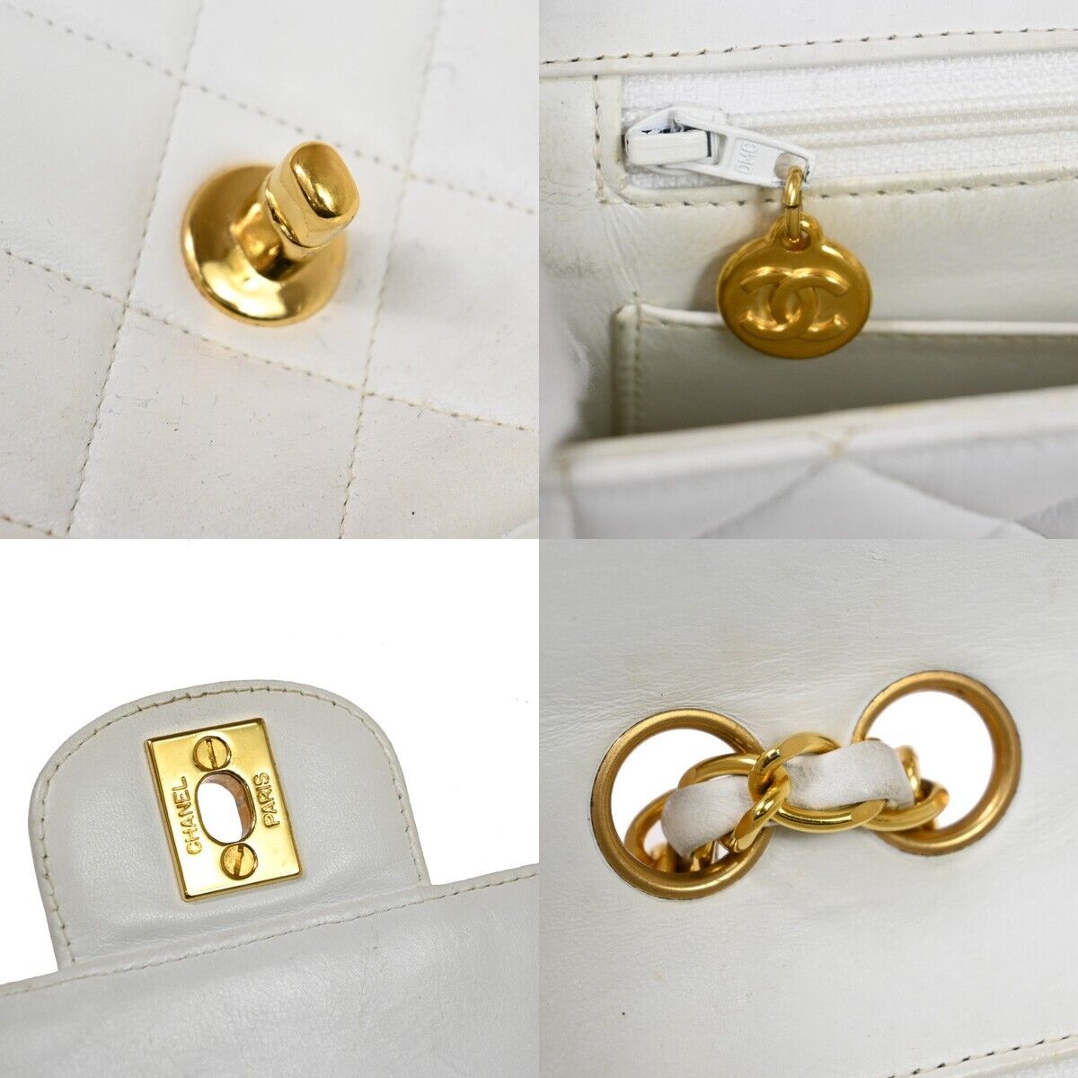 CHANEL CC Logo Matelasse Chain Shoulder Bag Leather White GHW Vintage 314RJ226