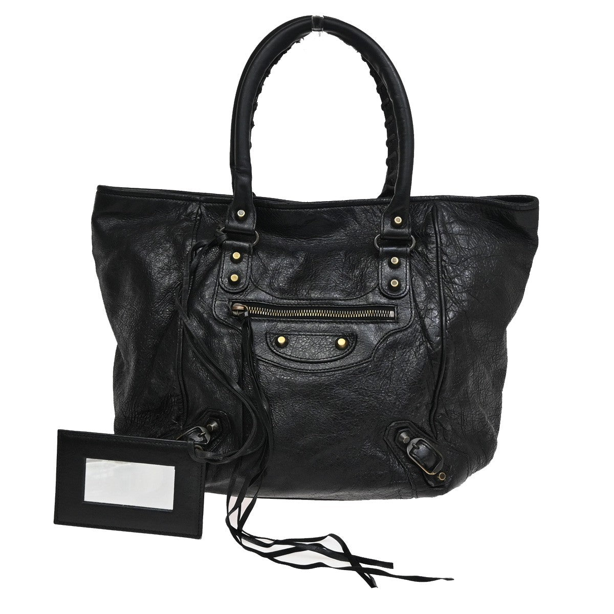 BALENCIAGA Logo The Sunday Shoulder Tote Hand Bag Leather Black Mirror 70YH628