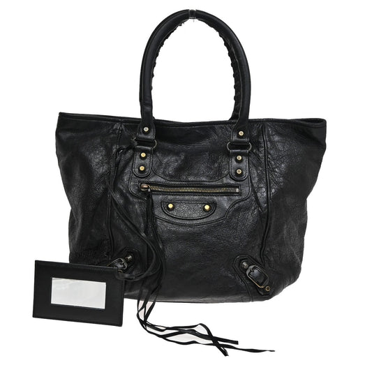BALENCIAGA Logo The Sunday Shoulder Tote Hand Bag Leather Black Mirror 70YH628