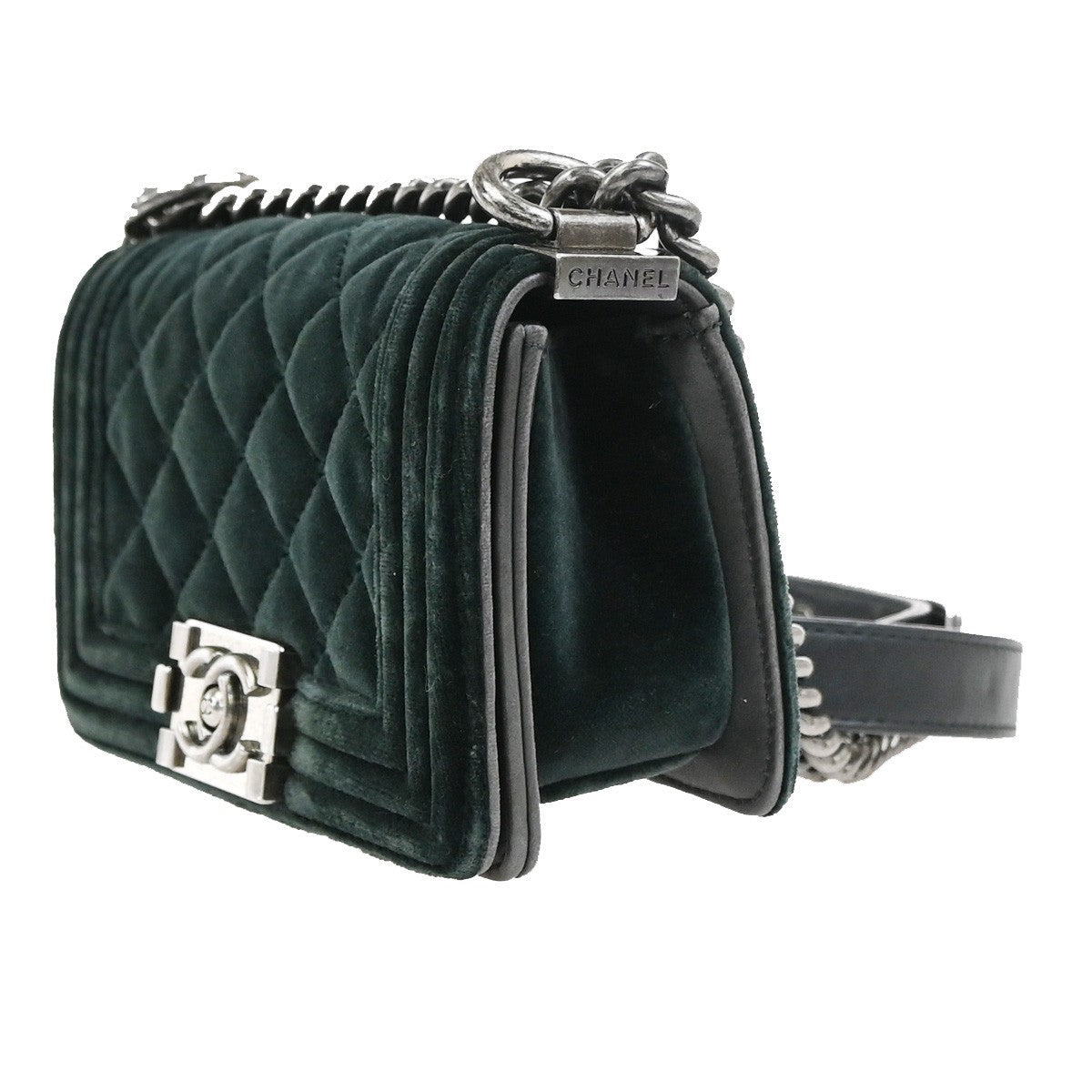 CHANEL Boy CC Chain Mini Shoulder Bag Velvet Leather Green SHW Italy 330RQ030