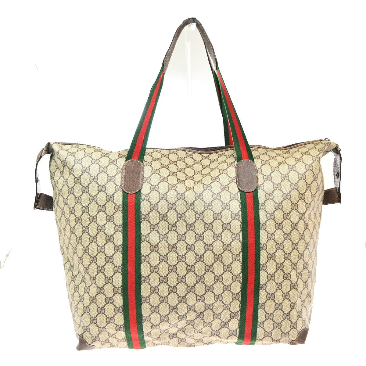 GUCCI Logo GG Sherry Line Boston Hand Bag PVC Leather Beige Italy 32MA454