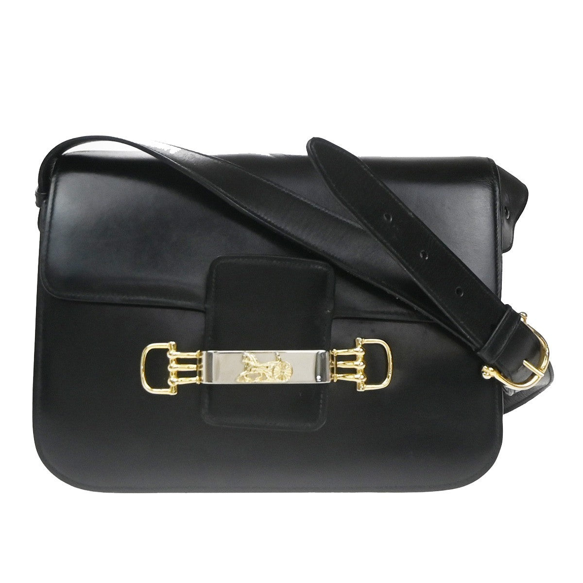 CELINE PARIS Logo Horse Carriage Shoulder Bag Leather Black Gold Italy 38CA739