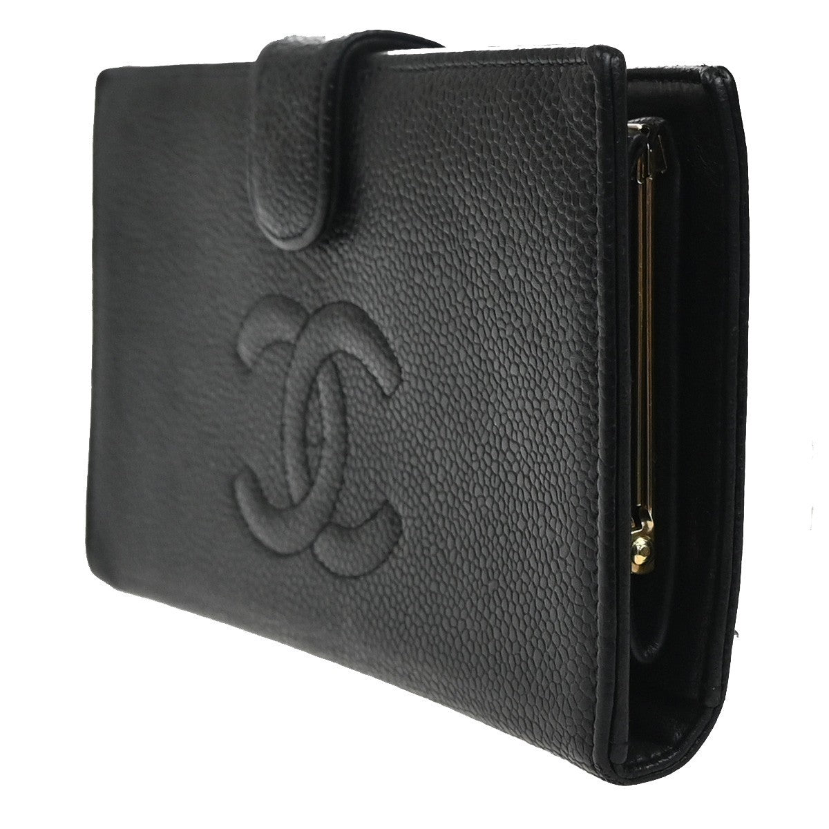 CHANEL CC Logo Bifold Long Wallet Grained Calfskin Leather Black France 16RL991