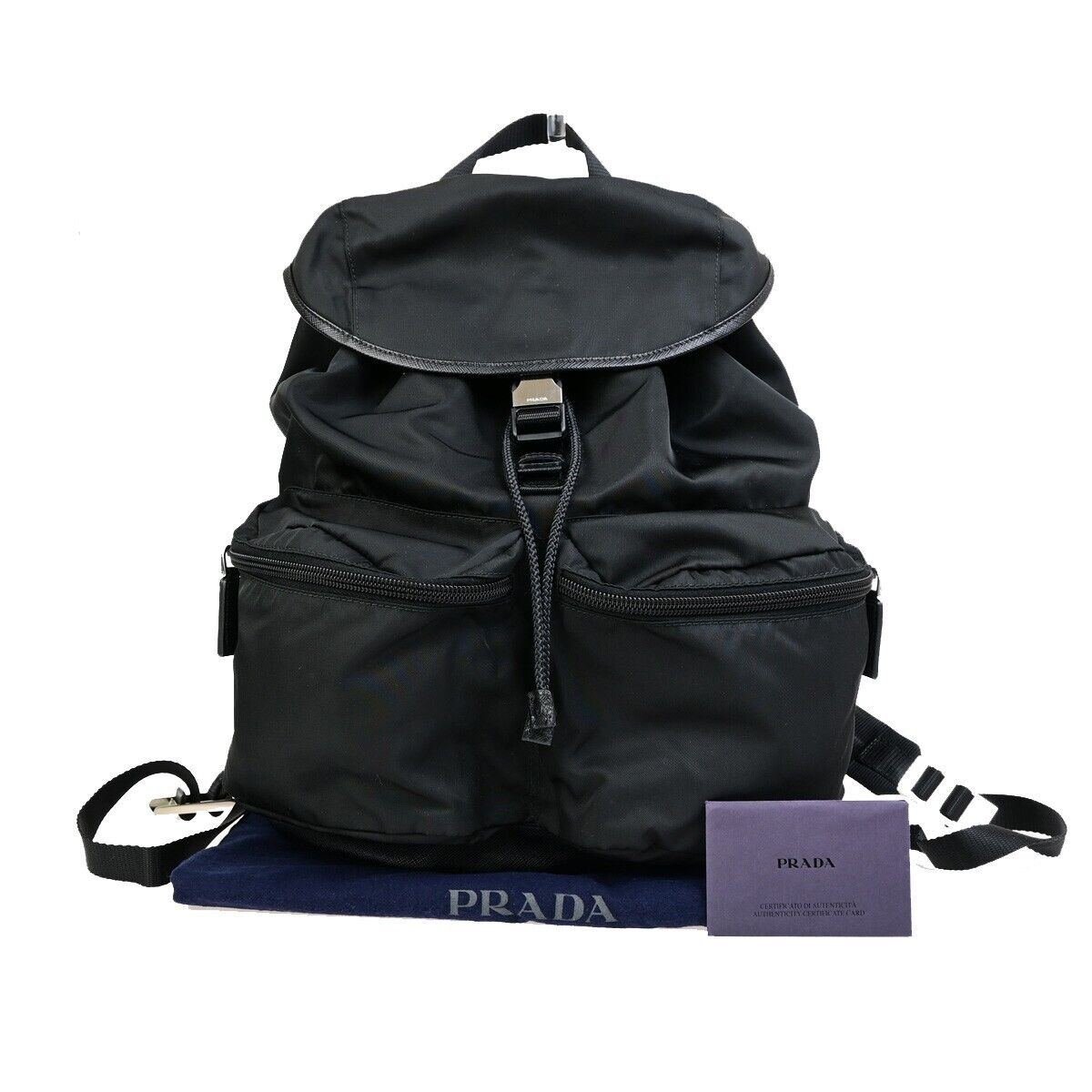 PRADA MILANO Logo Backpack Bag Nylon Leather Black Silver Made In Italy 91RK723