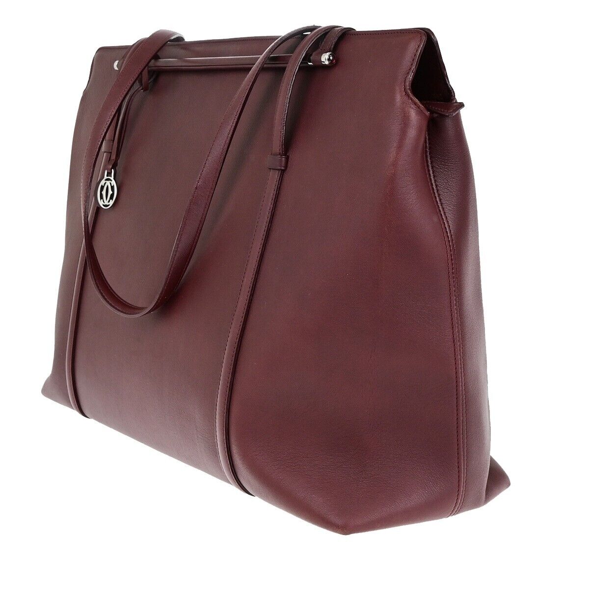 CARTIER 2C Logo Shoulder Tote Bag Leather Bordeaux Gold Made in Italy 61SJ349