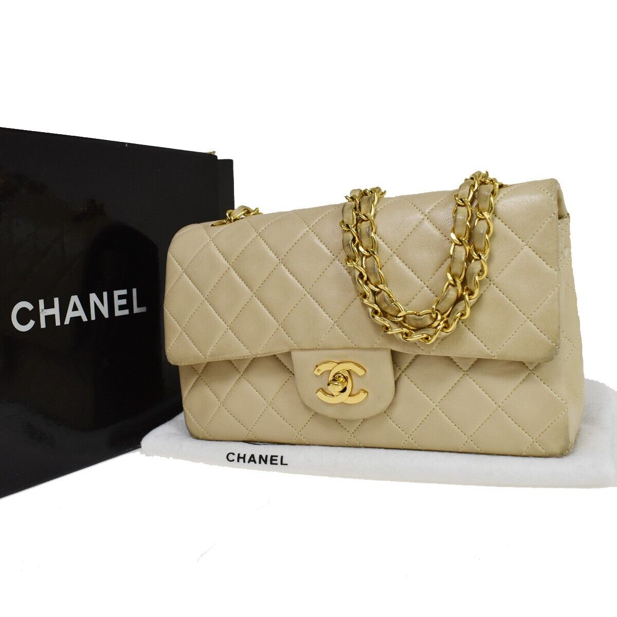 CHANEL CC Matelasse 23 Double Flap Chain Shoulder Bag Leather Beige GD 805RC566