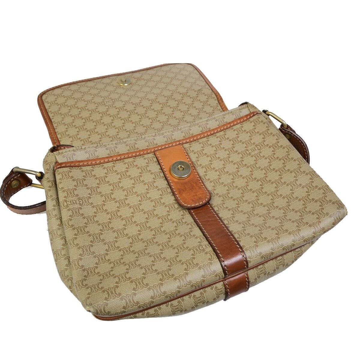CELINE Logo Macadam Pattern Shoulder Bag PVC Leather Beige Italy 09EB602