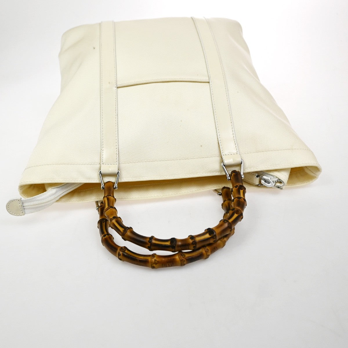 GUCCI Logo Bamboo Tote Handbag Nylon Patent Leather White SHW Italy 66KC967